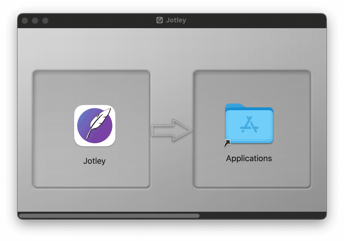 Jotley DMG content window and drag to Applications